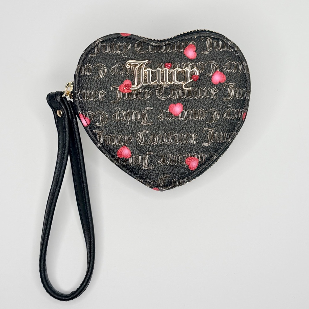 Juicy Couture Heart Wristlet in Black, beige with heart print